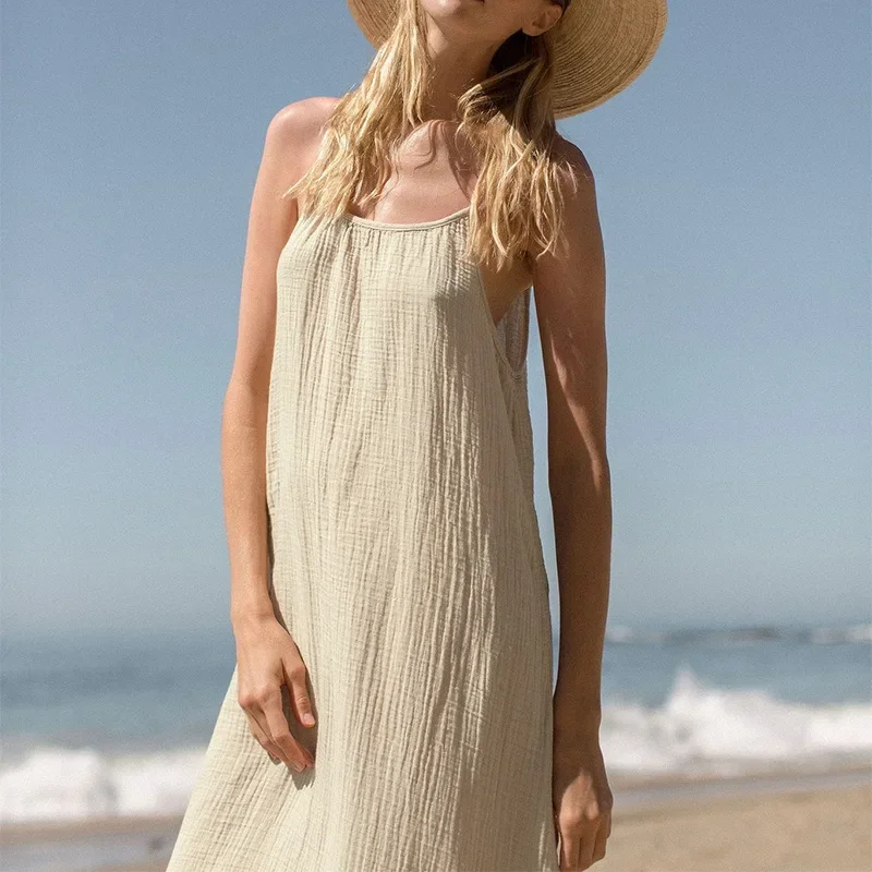 Chic Muslin 100% Cotton Women'S Dress Sexy Spaghetti Strap Casual Loose Holiday Beach Party Elegant Dresses Summer 2024 Vestidos