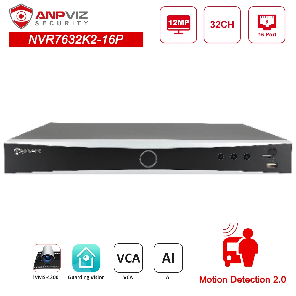 

Anpviz 12MP AI 32CH POE NVR OEM DS-7632NXI-K2/16P Network Video Recorder IP Camera CCTV System Video Output P2P VCA UP to 40 TB