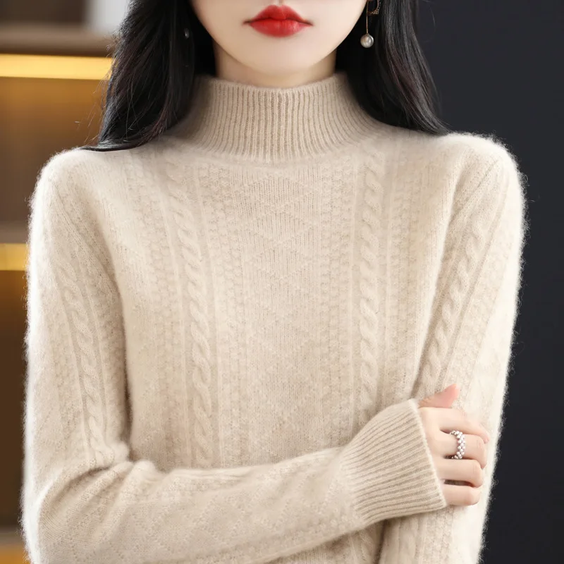 Wool Seven-Pin Double-Strand Thickened Half-High Collar Women's Knitted Sweater Pullover Keep Warm Sweater Autumn and Winte