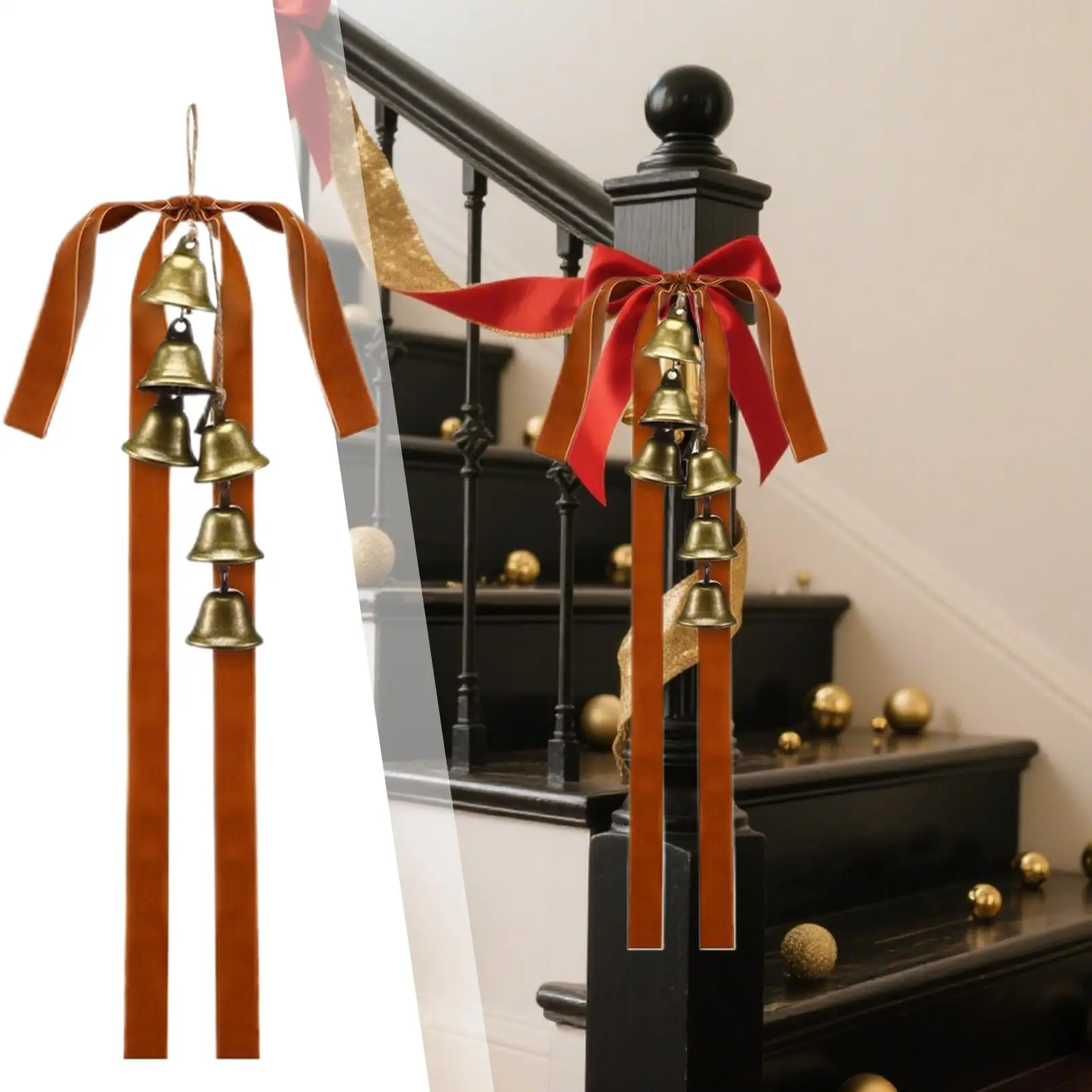 Lazos para árbol de Navidad, lazos de terciopelo, adornos para árbol de Navidad con campanas, 4 piezas, decoraciones navideñas de temporada para puerta de chimenea