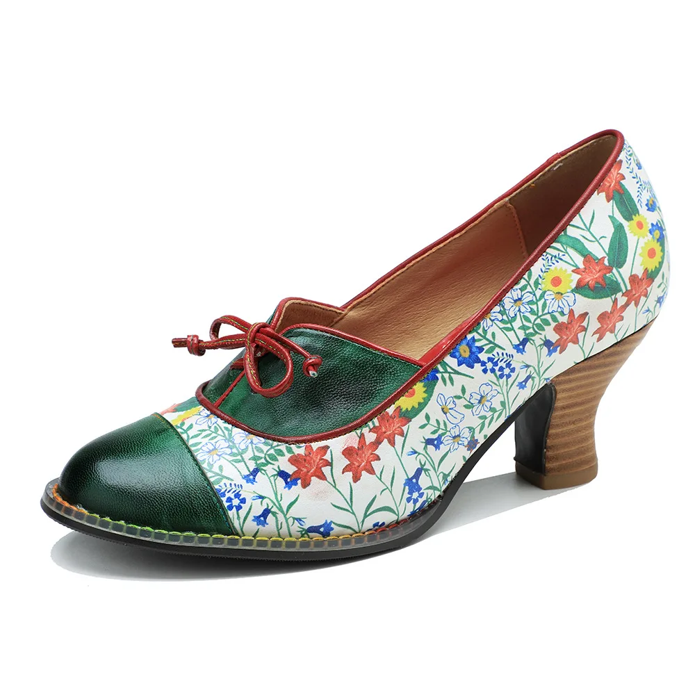 Socofy Raffan Luxury Summer Vintage Printed Genuine Leather Block Mid Heel Ankle Hook Loop Women Pumps