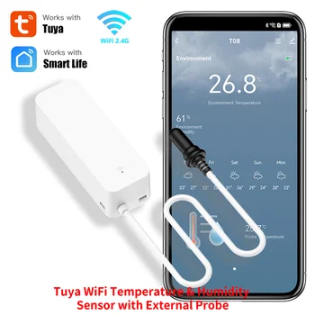 חיישן טמפרטורה ולחות WiFi של Tuya עם חיישן חיצוני למדידת לחות בבית חכם ואפליקציה למעקב אחר צמחים, אקווריום ושתייה