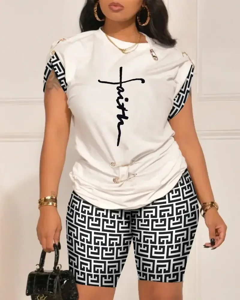Frauen zweiteilige kurze Sets drucken Pin Rundhals-Tops Pullover Shirts Shorts elastische Taille Hosen Damen lässig Sommer