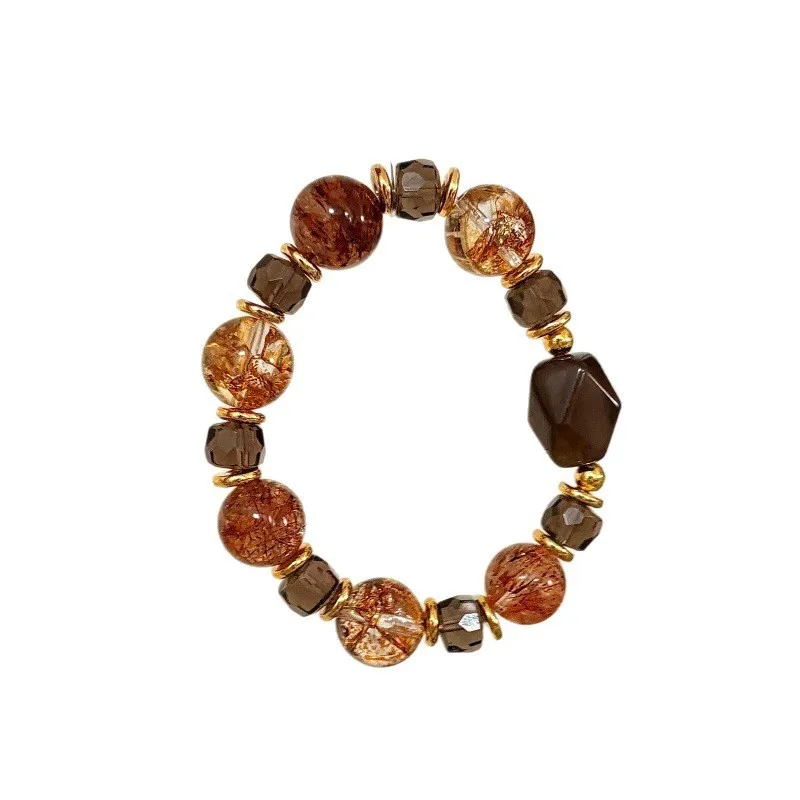 Geometric Shape Bracelet Ice Clear Obsidian Crystal Caramel Latte Color Irregular Shape 13mm Bead Diameter Women's Luxury Style