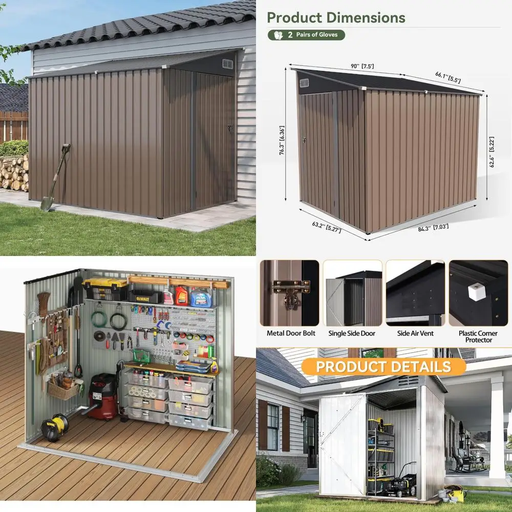 

Металлический сарай для хранения велосипедов на открытом воздухе с запирающейся дверью, коричневый на заднем дворе, патио, у бассейна