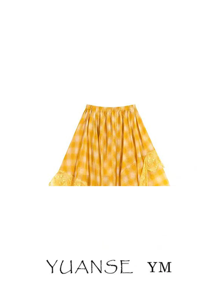 YUANSE Vacation Style Yellow Plaid Tube Top Women Summer Slimming Irregular Beach Half Skirt Two-Way Wear Midi Skirt
