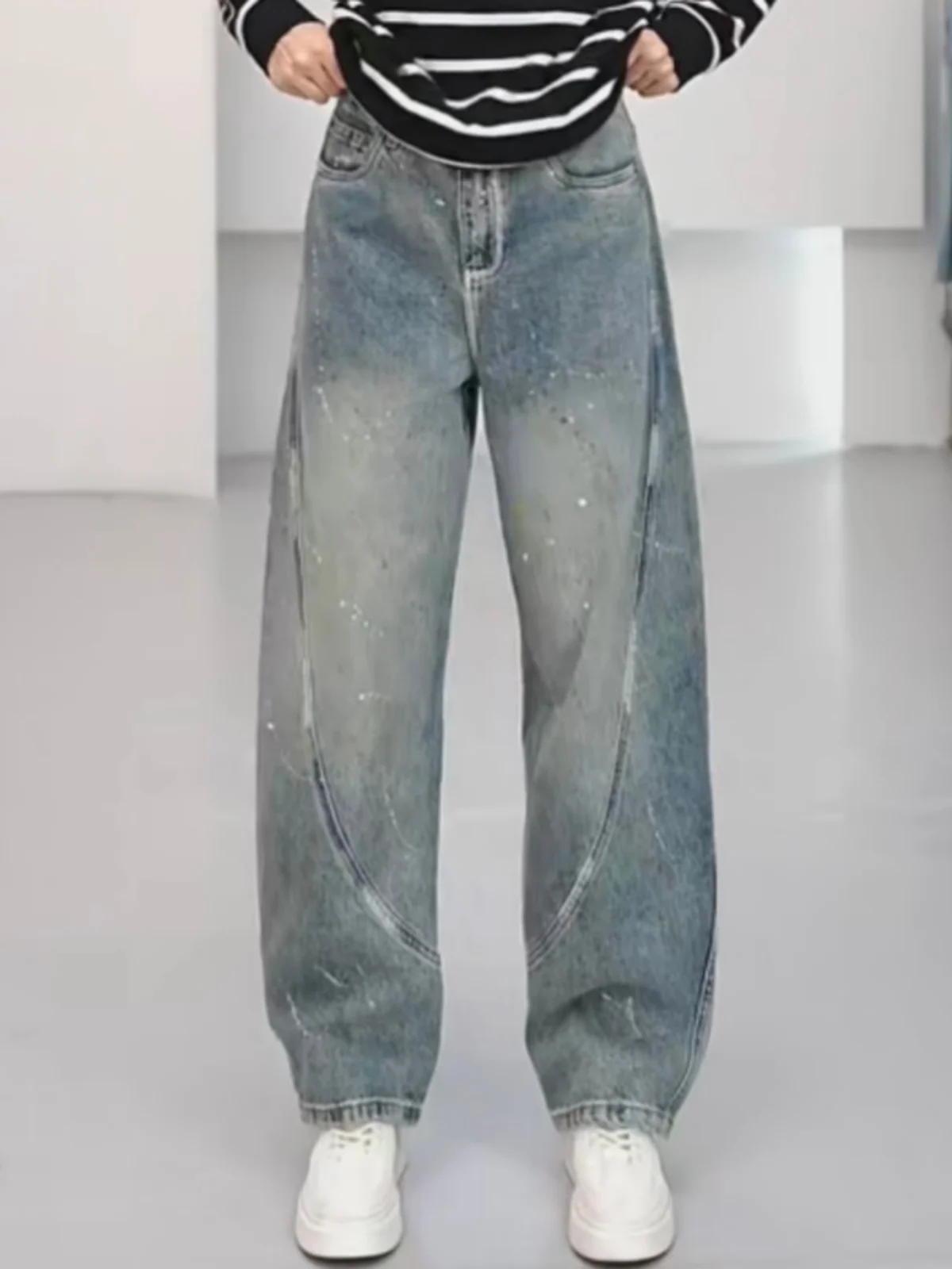 

Винтажные джинсы унисекс с эффектом потертости и брызгами краски, дышащие, эластичные, прямого кроя, удобные для кожи, повседневные брюки