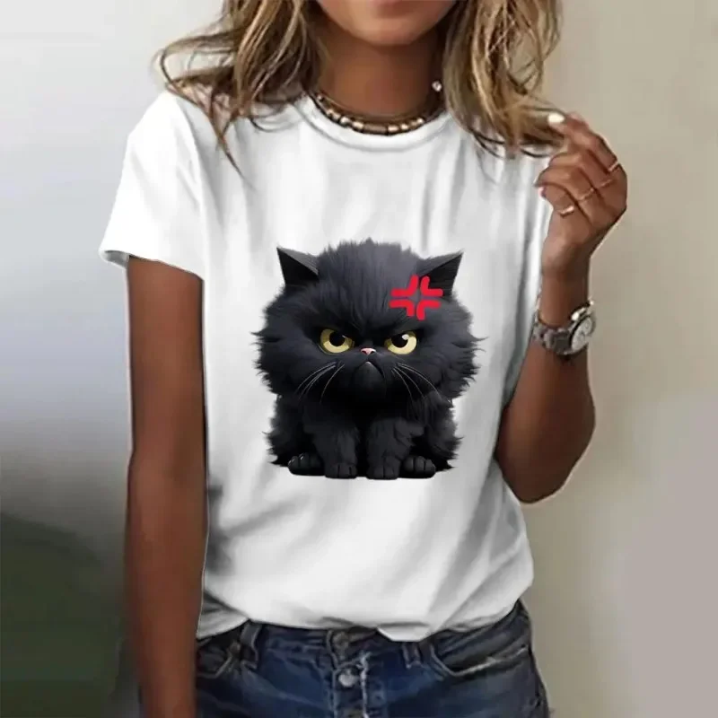 Funny Black Cat Printed Women T-shirt Summer Short Sleeves Streetwear Tshirt Fashion Casual T Shirt Round Neck Retro Women Tops