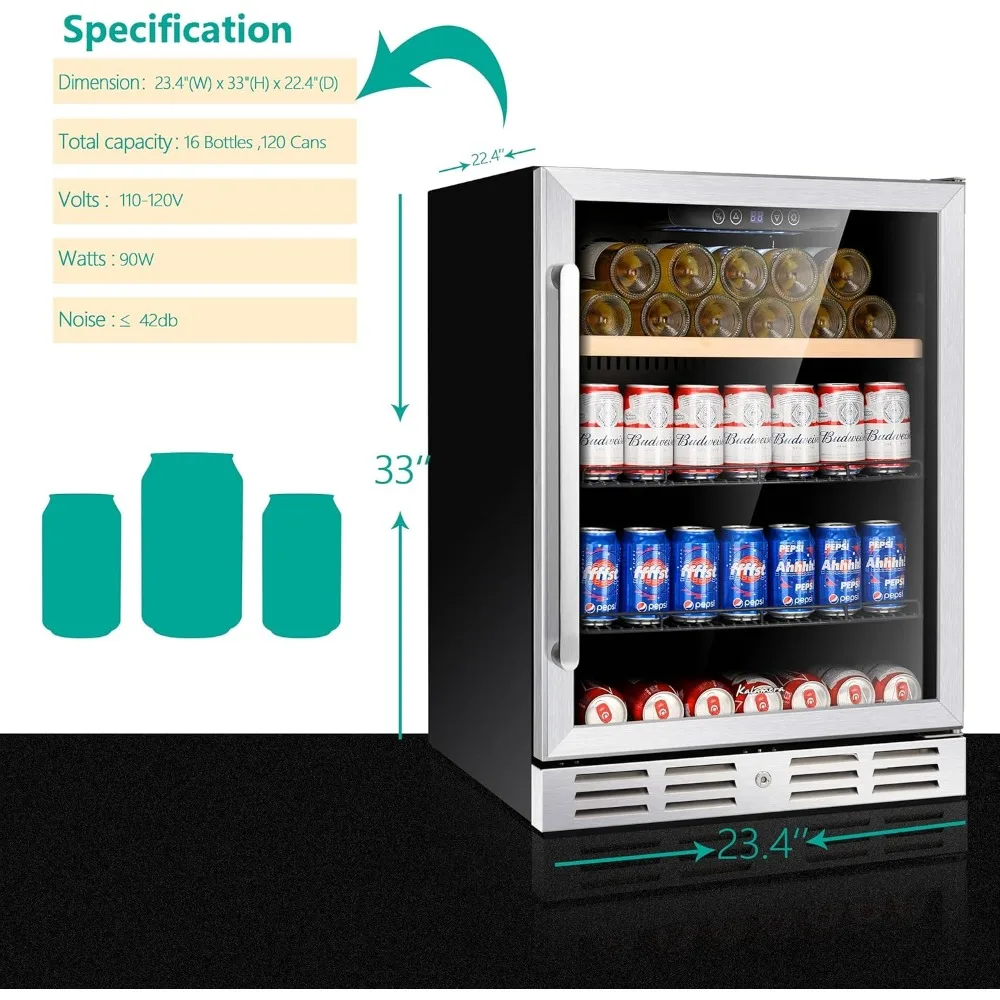 Mini Fridge 24” Beverage and Wine Cooler Built-in or Freestanding - 118 Cans & 16 Bottles