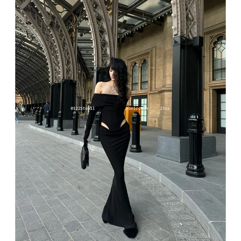 2023 Summer Womens Black Sexy Dress Strapless Hollow Out Europe and America Fashion Luxury Spicy Girl Female NEW Long Dress