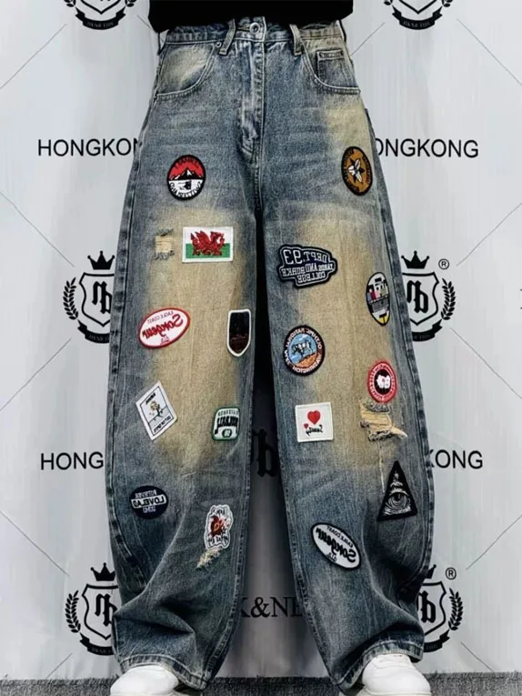 

Джинсы унисекс Street Sle с вышивкой, широкие, свободного кроя, с высокой талией, из плотного денима, повседневные брюки с богатой вышивкой