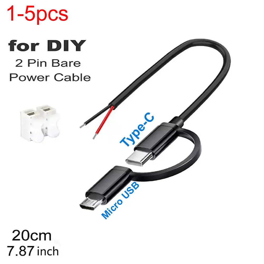 USB C 2 Pin Bare Wire Open End Power Cord, 2 Pin Pigtail to Type C/Micro USB Male DIY Cable 5V/2A, for Replacement or Repair