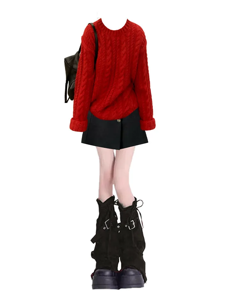 Retro Rode Gebreide Trui Rok Set Dames Herfst Winter Ele Faionable Tweedelige Hoge Taille Ort Rok Lange Sve