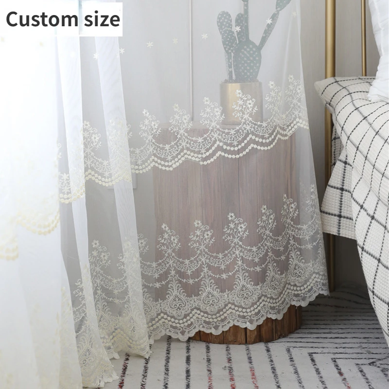 Custom Size European Style Curtains for Living Dining Room Bedroom Korean Style White Tulle Curtain Embroidered