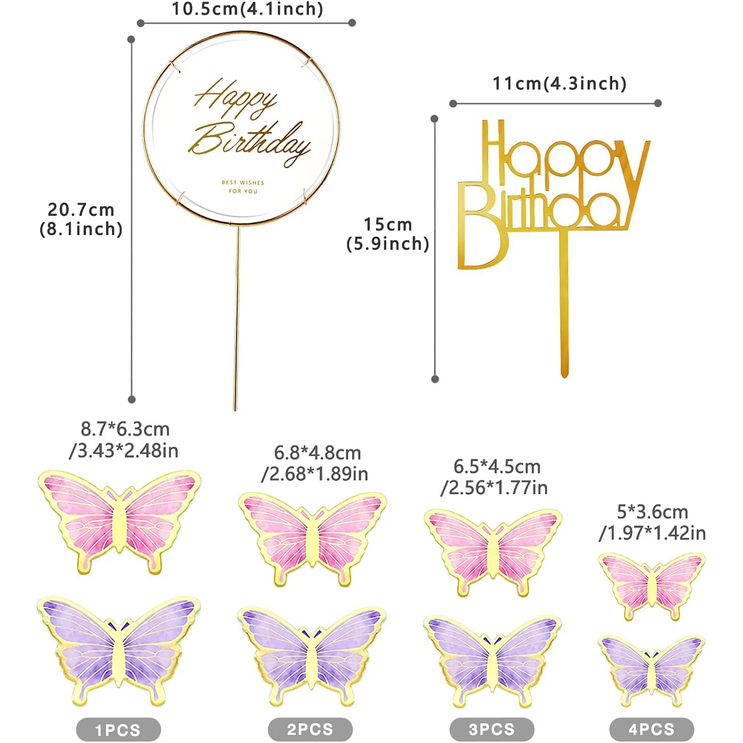 22Pcs Butterfly Cake Decorations With Happy Birthday Acrylic Cake Toppers for Baby Shower Wedding Birthday Party Decorations