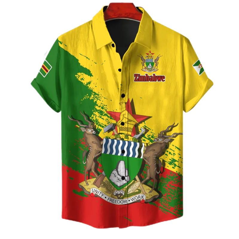 Zimbabwe Vlag Kaart 3d Geprint Shirts Met Korte Mouwen Voor Mannen Kleding Nationale Embleem Strandshirts Nationale Embleem Blouses Mannelijke Tops