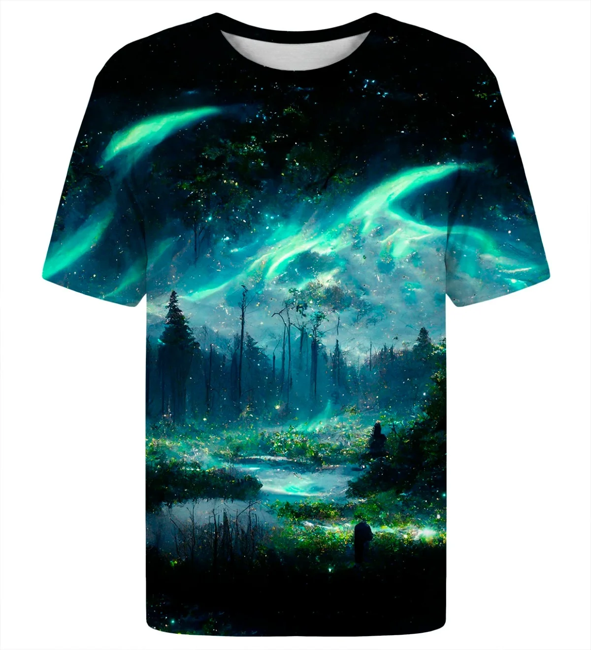 Brand New Fantasy Auror Forest T-shirt, Featuring Magical Nighttime Forest, Starry Sky, Aurora Borealis,  River Scenery Print.