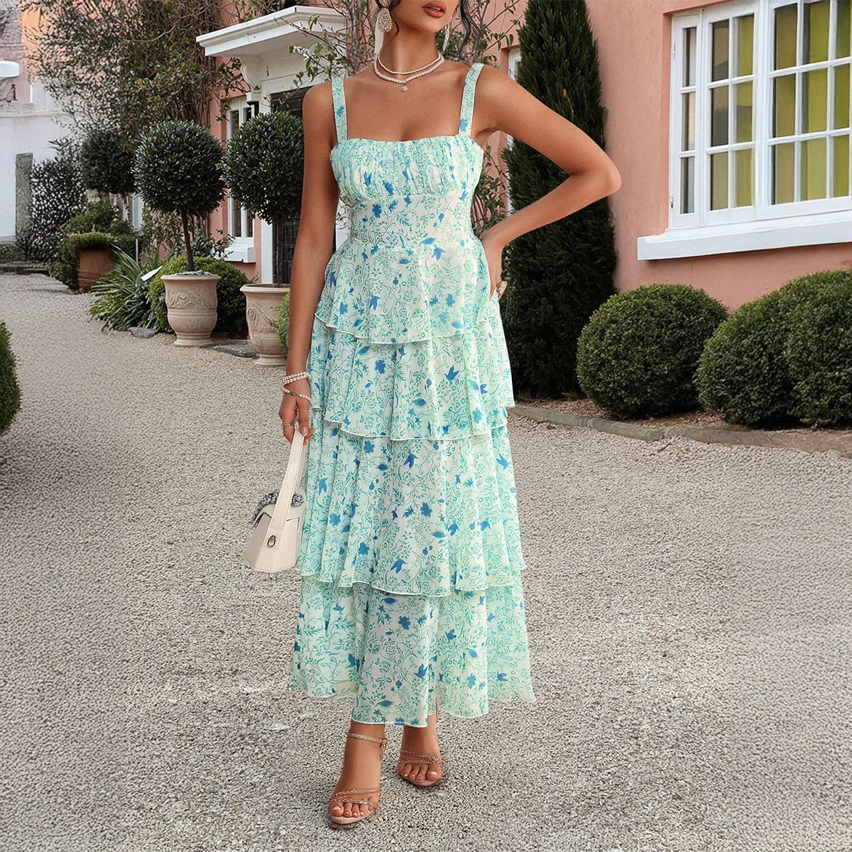 Primavera verão temperamento europeu e americano mori pequena fragrância floral contrastante chiffon suspender vestido roupas femininas