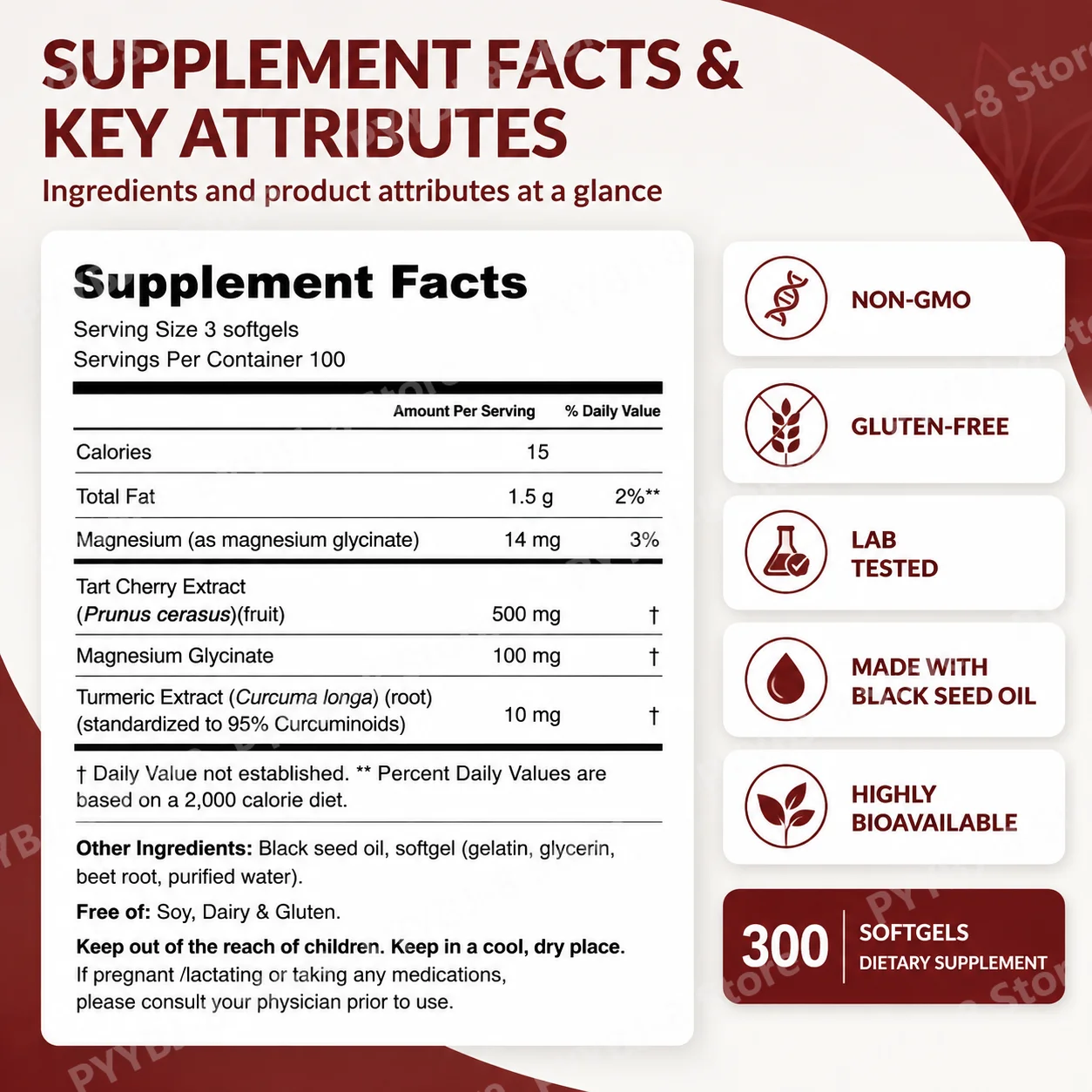 Tart Cherry+ Magnesium Glycinate Softgels with Tart Cherry Extract and Turmeric Extract (95% Curcuminoids), Non-GMO 300 Softgels