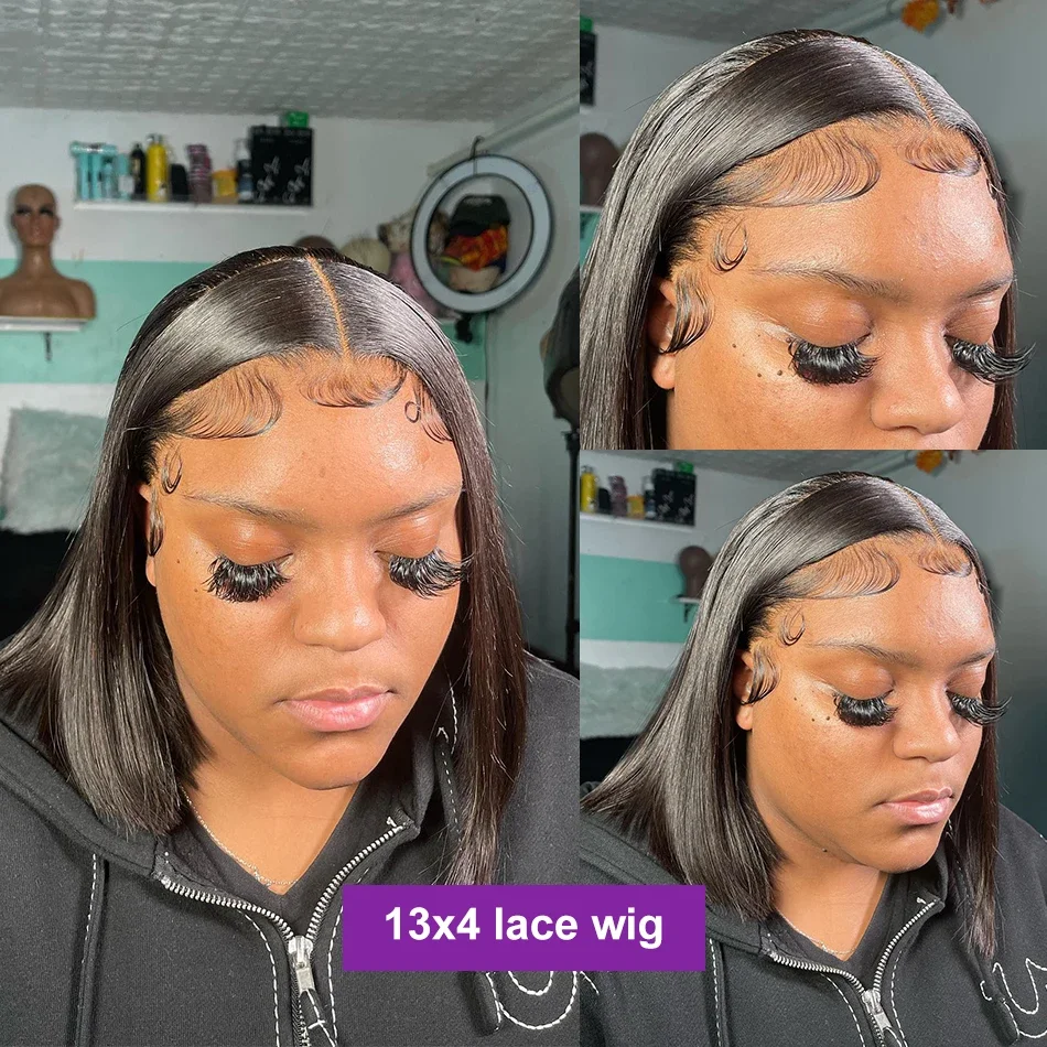 Perruque Bob Lace Front Wig Remy Naturelle Lisse, Cheveux Courts, 4x4, 13x4, pour Femme Africaine