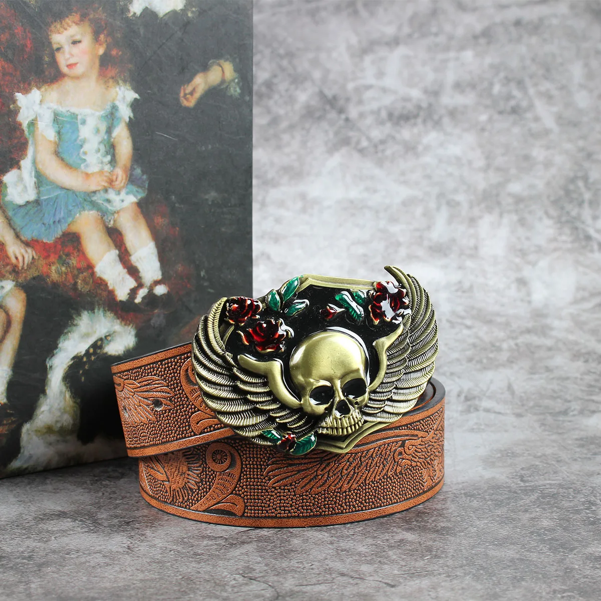 Rose Eagle Winged Skull3.7cm wide men's and women's Western bull head denim style bull scalprendy belt smooth buckle