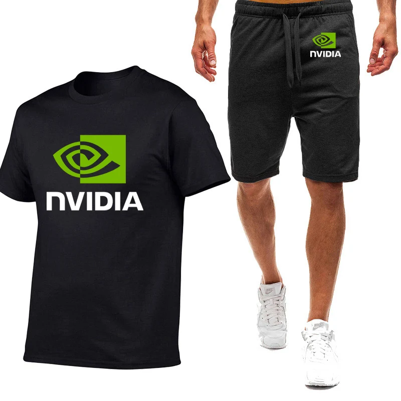 2025 Summer Men's NVIDIA Logo Print Personality Short Sleeve Suit Popular Round Neck T-Shirt+Elastic Waist Sweatpants Cotton Set