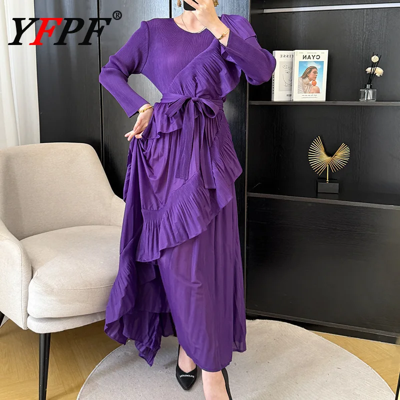 

YFPF Ruffles Patchwork Dress For Women Fashion Pleated Design Belt Gathered Waist Long Party Dresses 2025 New Clothing 3A342