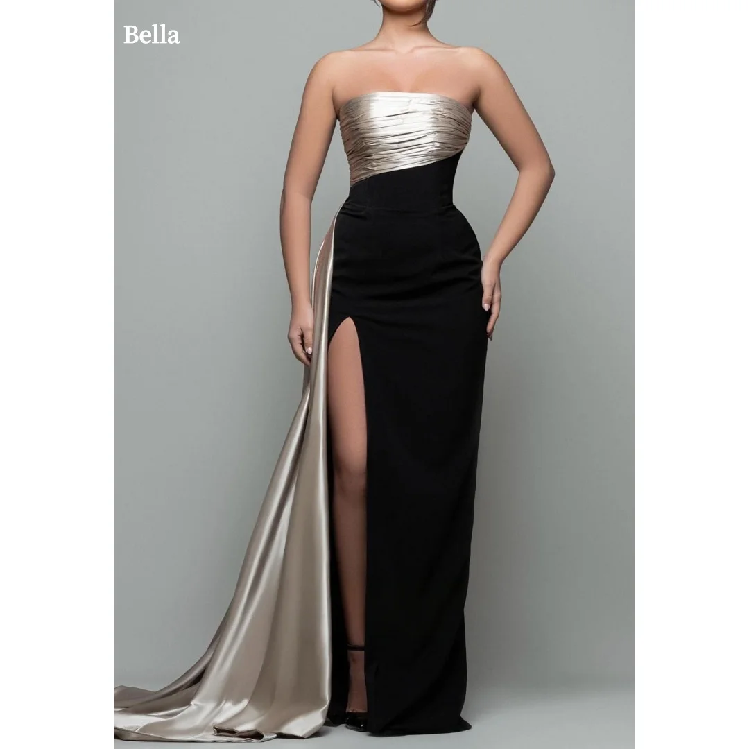 

Bella Customized Black & Champagne Strapless Ruched Prom Dress High Slit Satin Party Dresses Elegant Formal robes de soirée
