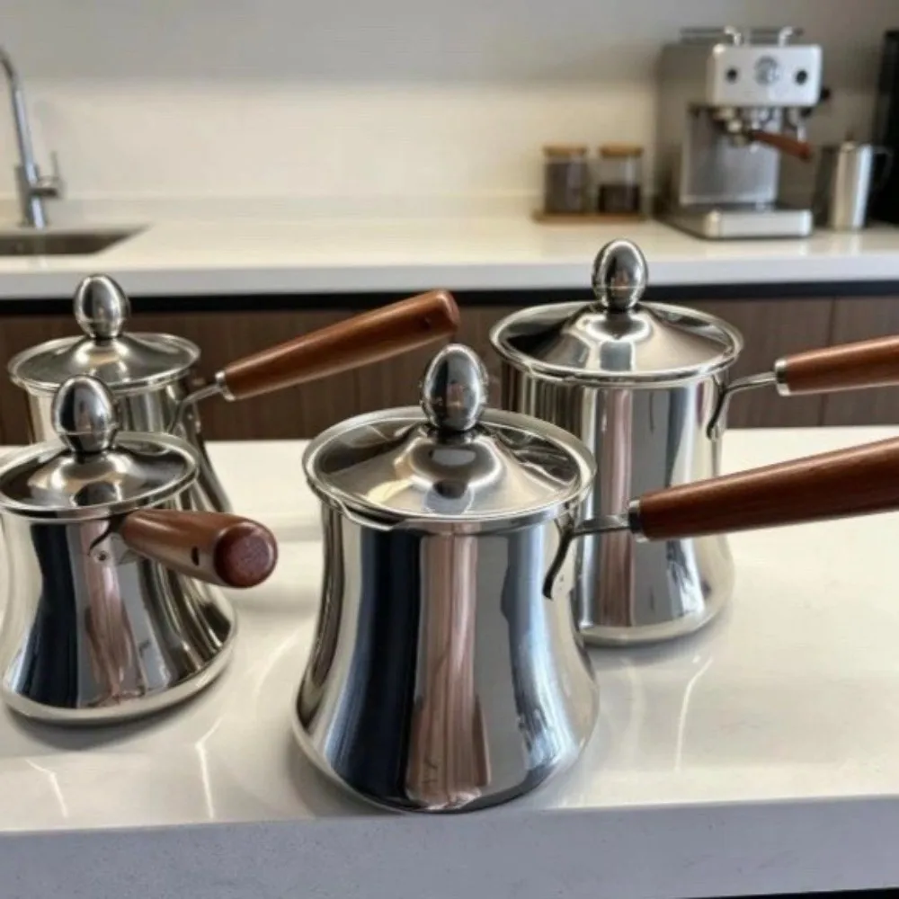 Stainless Steel Turkish Coffee Pot 250/350/550/720ml Spill-Resistant Chocolate Melting Pot Long-Handled With Lid Butter Warmer