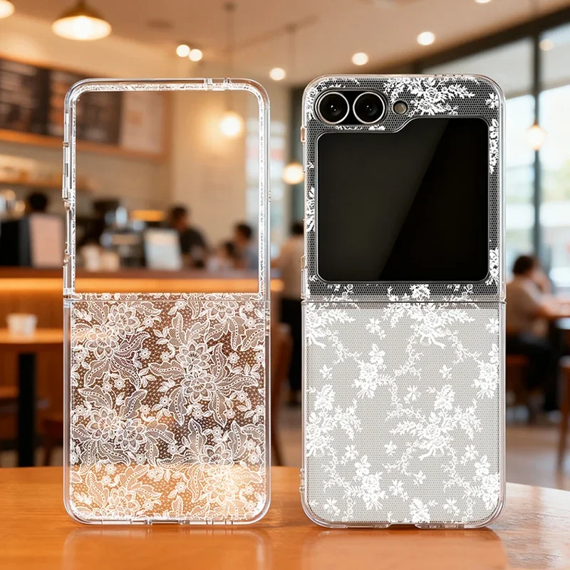White Lace Pattern Phone Case For Samsung Galaxy Z Flip 6 ZFlip5 Shockproof Folding Cover for Samsung ZFlip 8 4 3 7 Shell Fundas