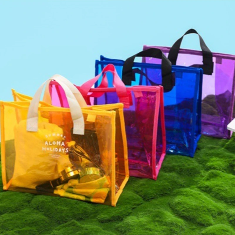 1pc Large Capacity Transparent PVC Hand Tote Bag for Swimming Beach Travel Outdoor Clothes Daily Storage Handbag