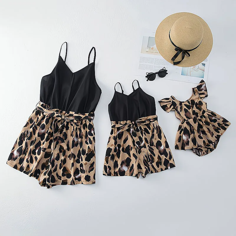 2023 Sleeveless Family Look Matching Outfits Jumpsuit Leopard Mother Daughter Clothing Sets Mommy And Me Dresses Clothes 0-9Y