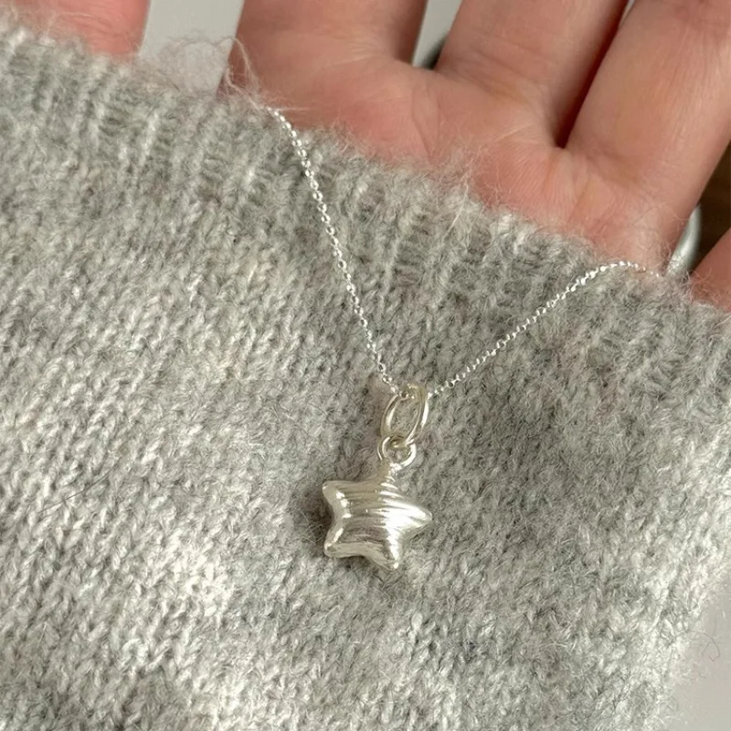 PANJBJ 925 Sterling Silver Stars Necklace for Women Texture Frosting Round Bead Chain Versatile Jewelry Party Gift Dropshipping