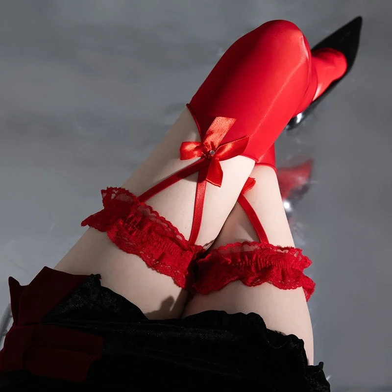 

Женские сексуальные чулки до бедра в японском стиле с кружевным бантом и конским маслом, чулки с подтяжками, вечерние чулки выше колена