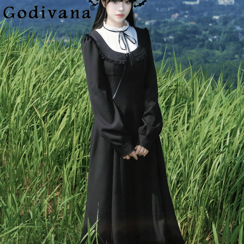 Платье в стиле ретро в винтажном стиле для женщин, оригинальный дизайн, французское осенне-весеннее платье, женское элегантное кружевное длинное платье с застежкой на талии