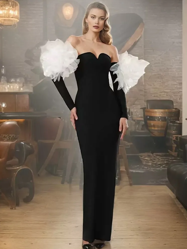 

Women Sexy Off Shoulder Long Sleeve Red Black Maxi Long Celebrity Bodycon Bandage Dress 2025 Elegant Evening Club Party Dress