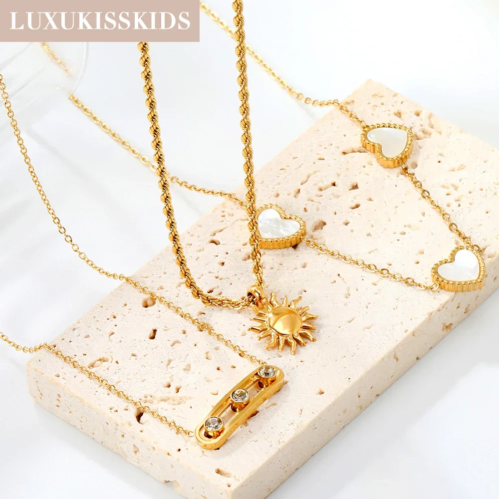 Romatic Chic Sunshine/Heart Pendant Necklace Turkish Eyes Collar Female/Male Stainless Steel Golden Chunky Jewelry
