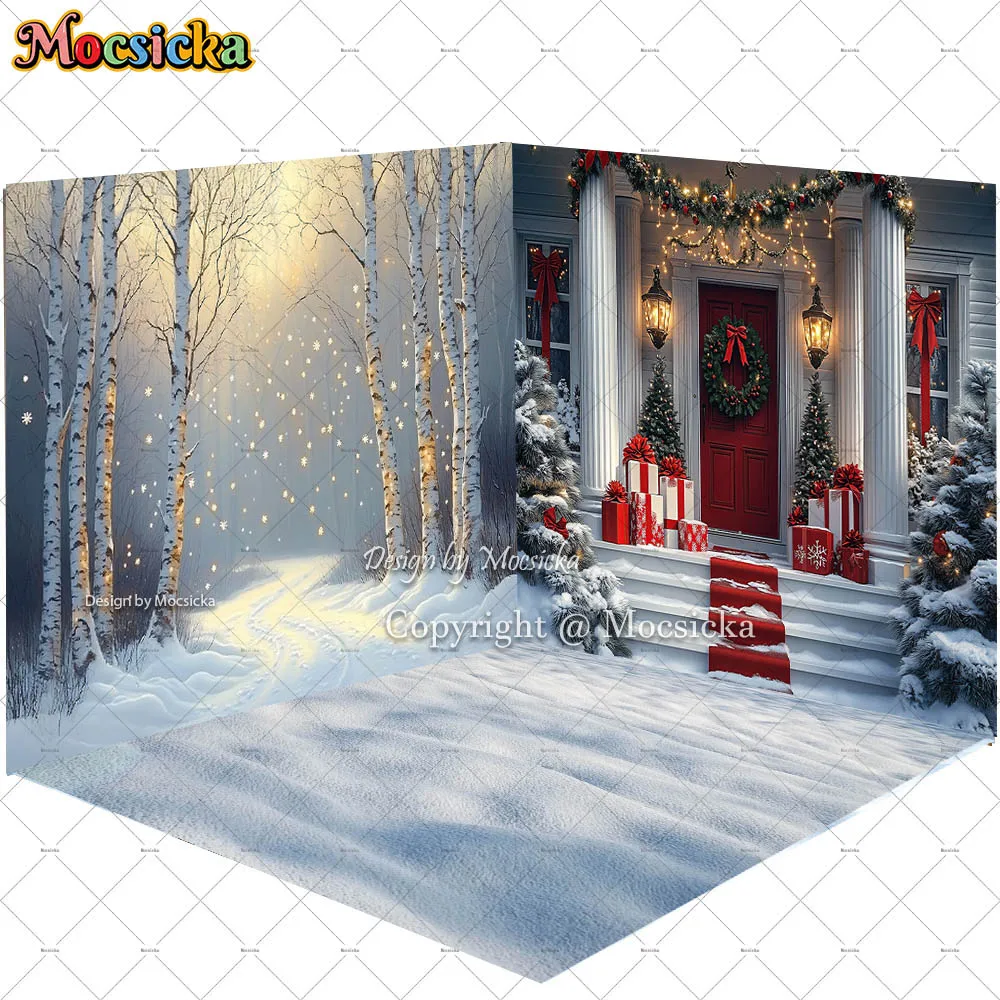 Mocsicka Kerst Achtergrond Fotografie Witte Winter Scène Besneeuwde Vloer Kerst Huis Cadeau Achtergrond Kinderen Verjaardag Fotostudio