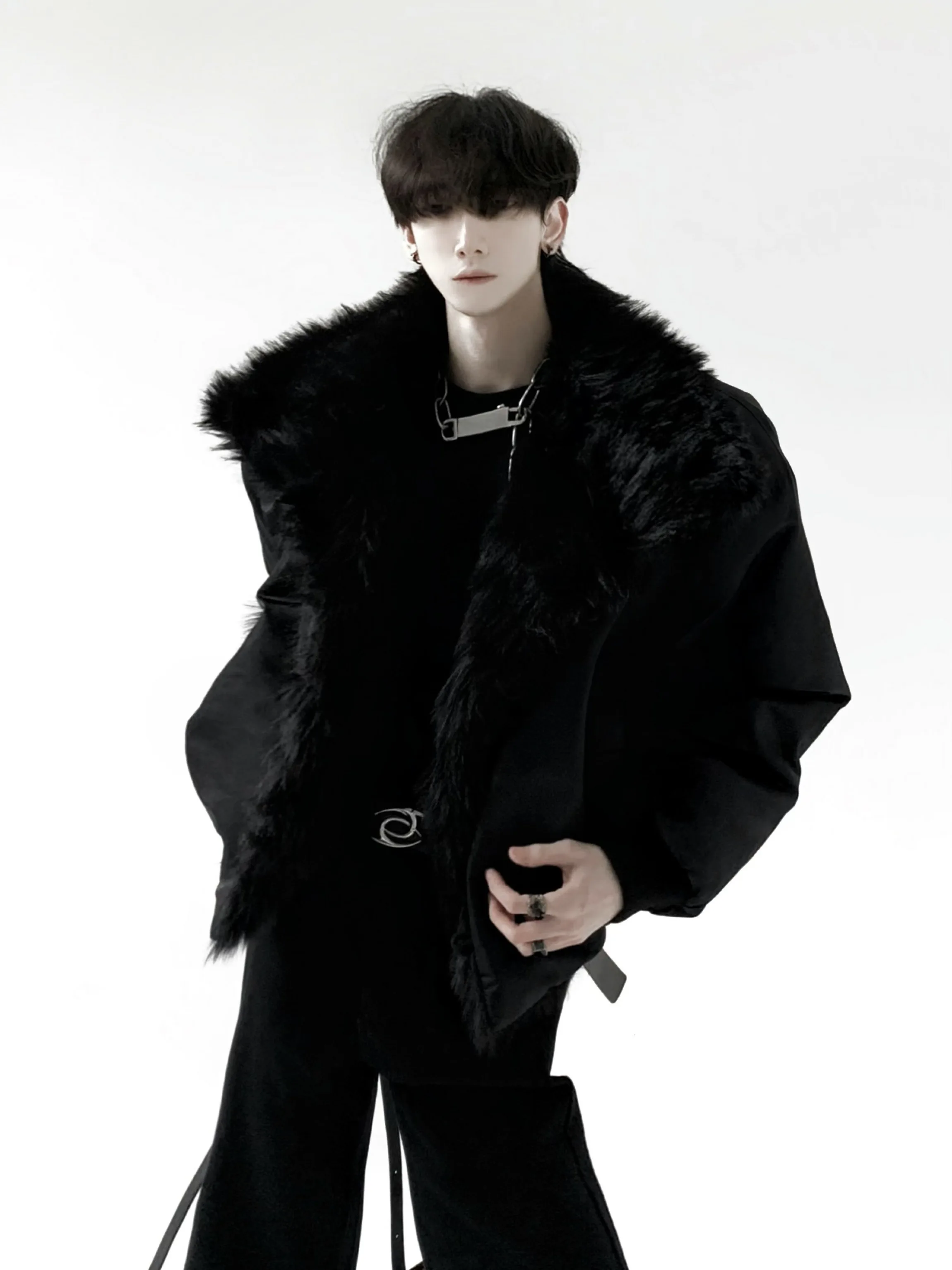 Autumn Mountain Wind Luxury Black  Fur Jacket Men's Winter Thickened Fleece Lined Heavyweight Large Fur Collar Cotton Coat