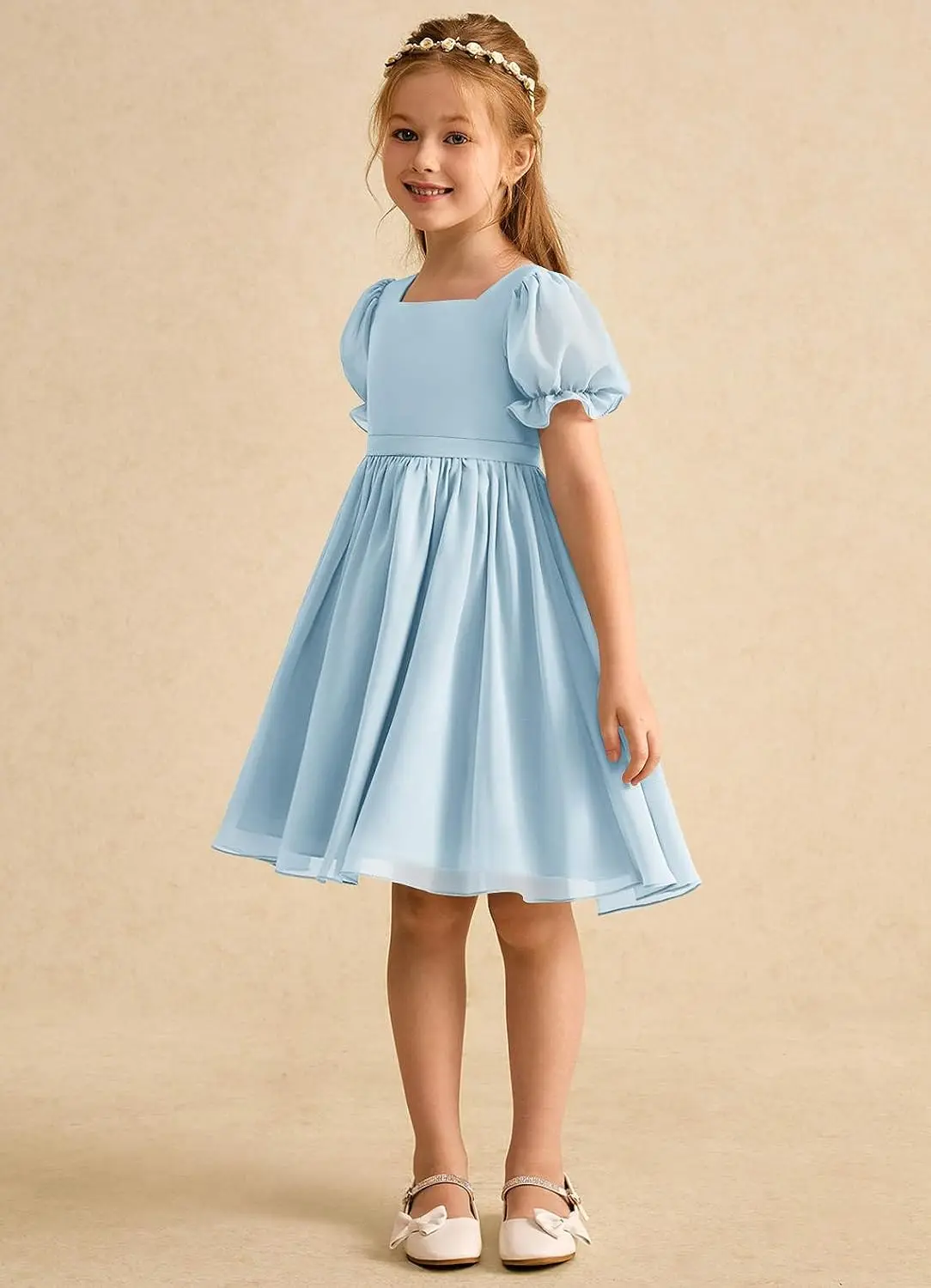 فستان وصيفة العروس للفتيات لحفلات الزفاف من الشيفون بأكمام قصيرة منتفخة فساتين فتاة الزهور للمراهقين مع فستان الأميرة للحفلات من الخلف