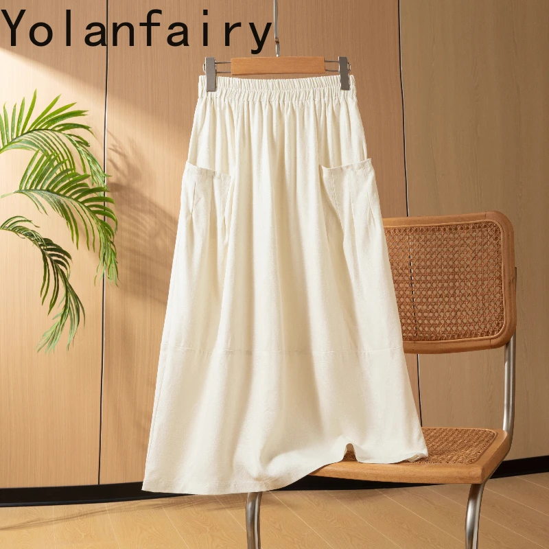 YOLANFAIRY 100% Real Mulberry Silk Skirts Woman Summer 2025 Workwear Style A-line Skirt Large Pockets Elastic Waist Black Skirt