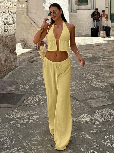 Imagen 2 del producto Clacive-Conjunto de 2 piezas de algodón amarillo holgado para mujer, Top corto Sexy sin mangas con pantalones anchos de cintura media, verano 2025