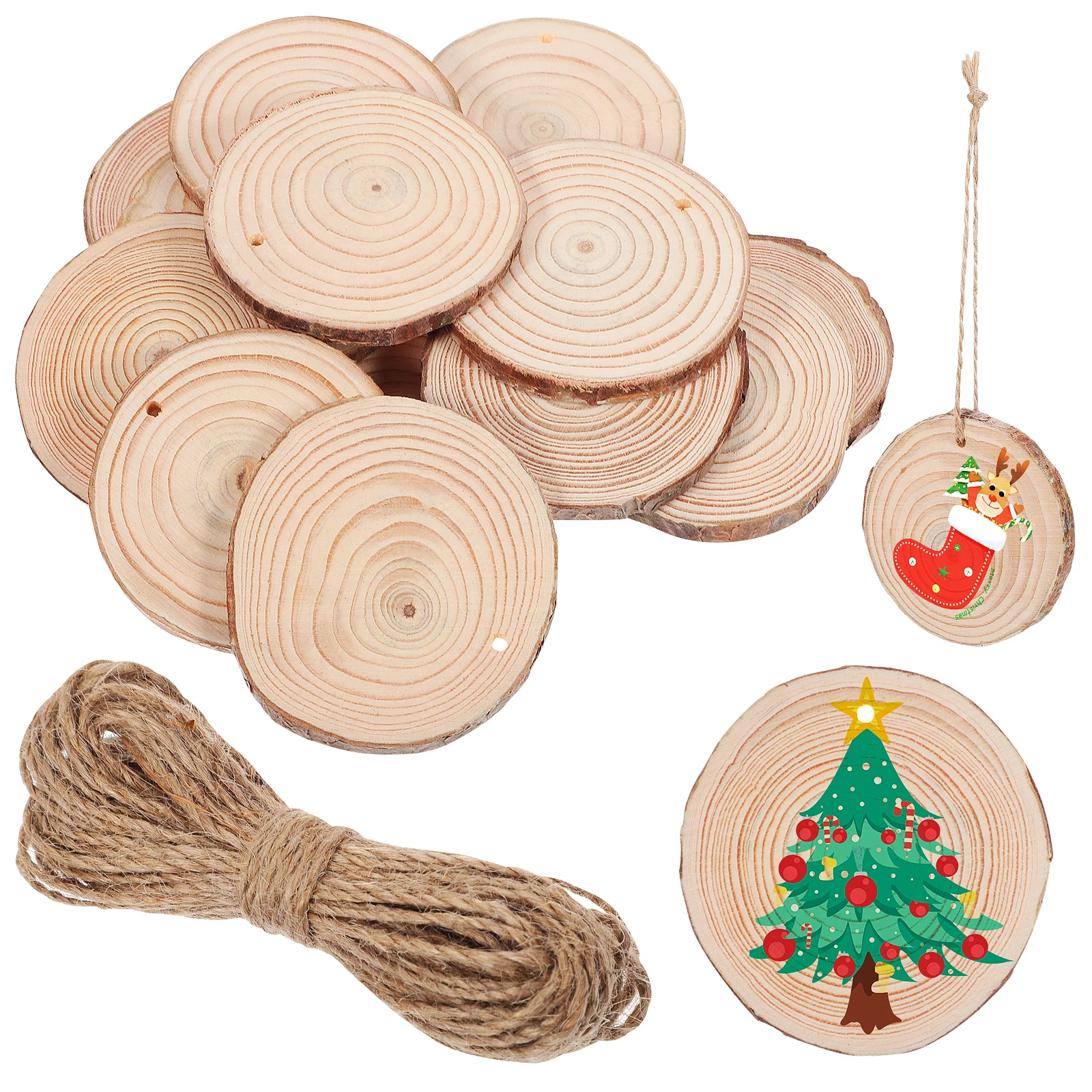 

50pcs Round Wood Slices Natural Log Craft Set Jute Twine DIY Christmas Ornaments Coasters Wall Decor Unfinished Wooden Discs