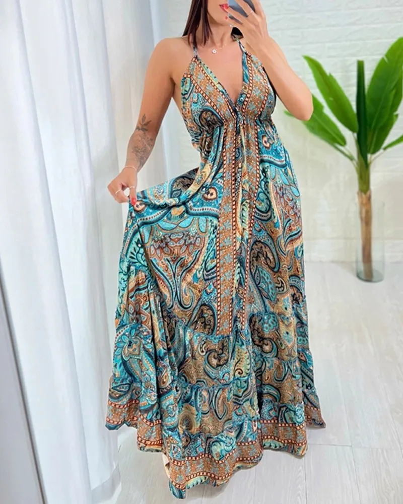 Abito lungo da donna estivo con stampa tribale con scollo a V e cinturino per spaghetti, abito casual fluido senza schienale