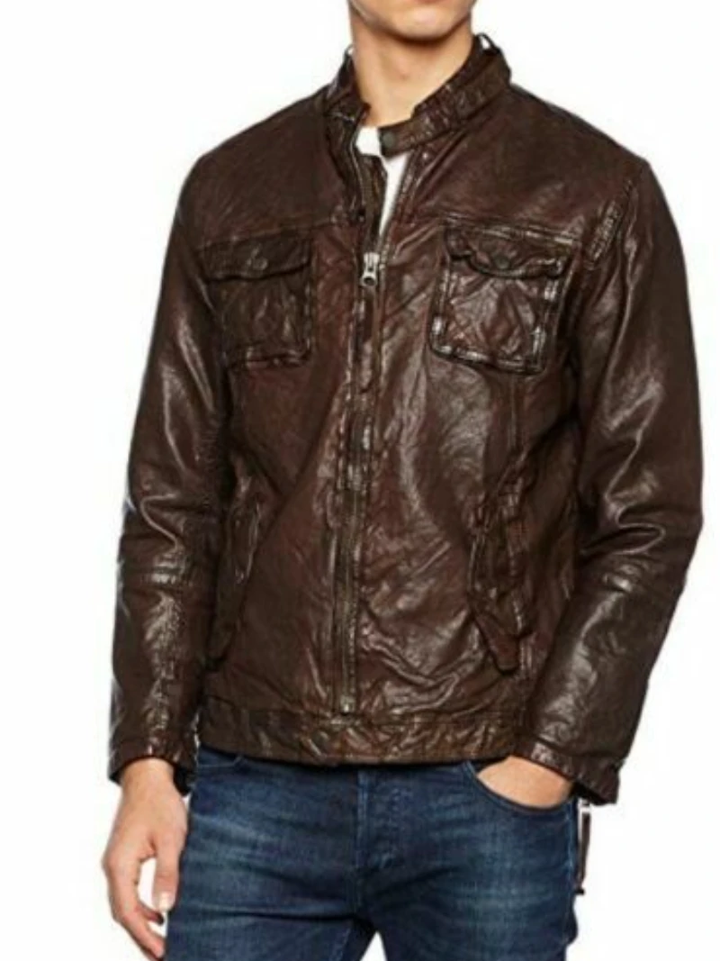 Mens vintage wrinkled waxed Distressed Dark Brown Real Leather Jacket Coat Shirt