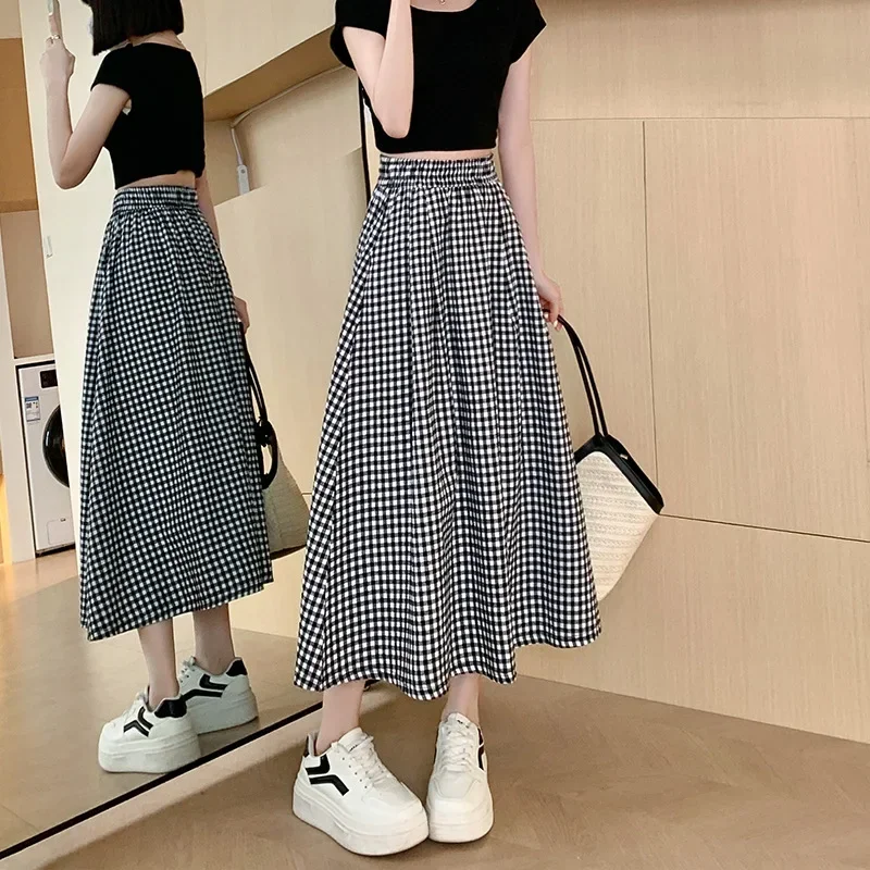 

2024 Summer New Black and White Checkered Half length Skirt Women's Casual Long Skirt A-line Skirt