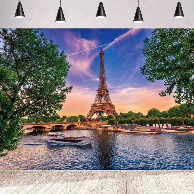 Eiffel Tower Photography Backdrop Paris Cityscape The Seine Sunshine Bridge Lake Outdoor Vacation Theme Background Wall Poster