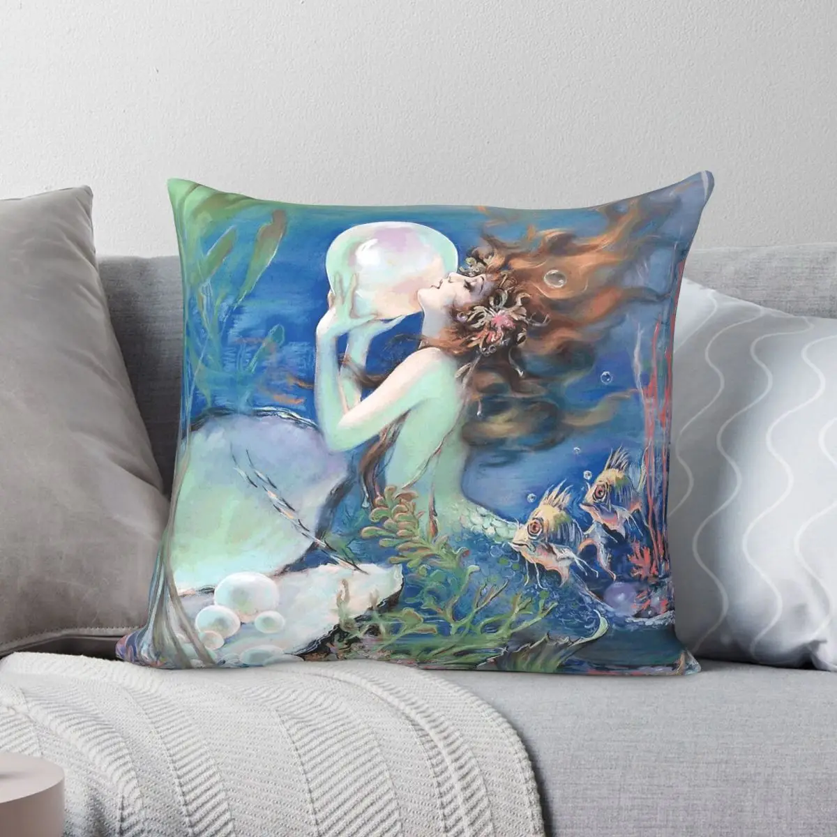 Mermaid Mythological Being Square Pillowcase Polyester Linen Velvet Creative Decor Throw Pillow Case Sofa Seater Cushion Cover