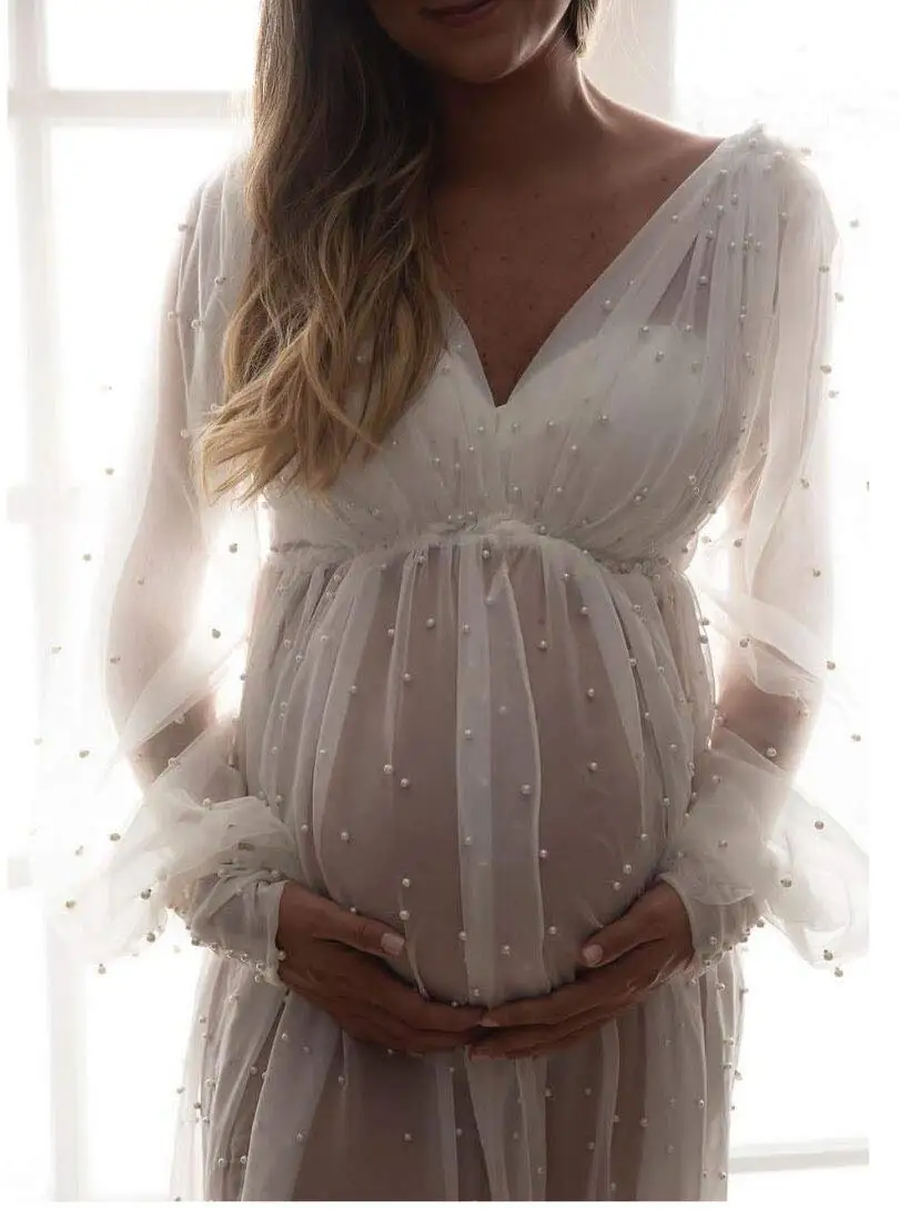 New Prom Dresses Photo Shoot Gowns Maternity Beads Photoshoot V-Neck Long Sleeves Pregnant Photography Props Baby Shower Dress