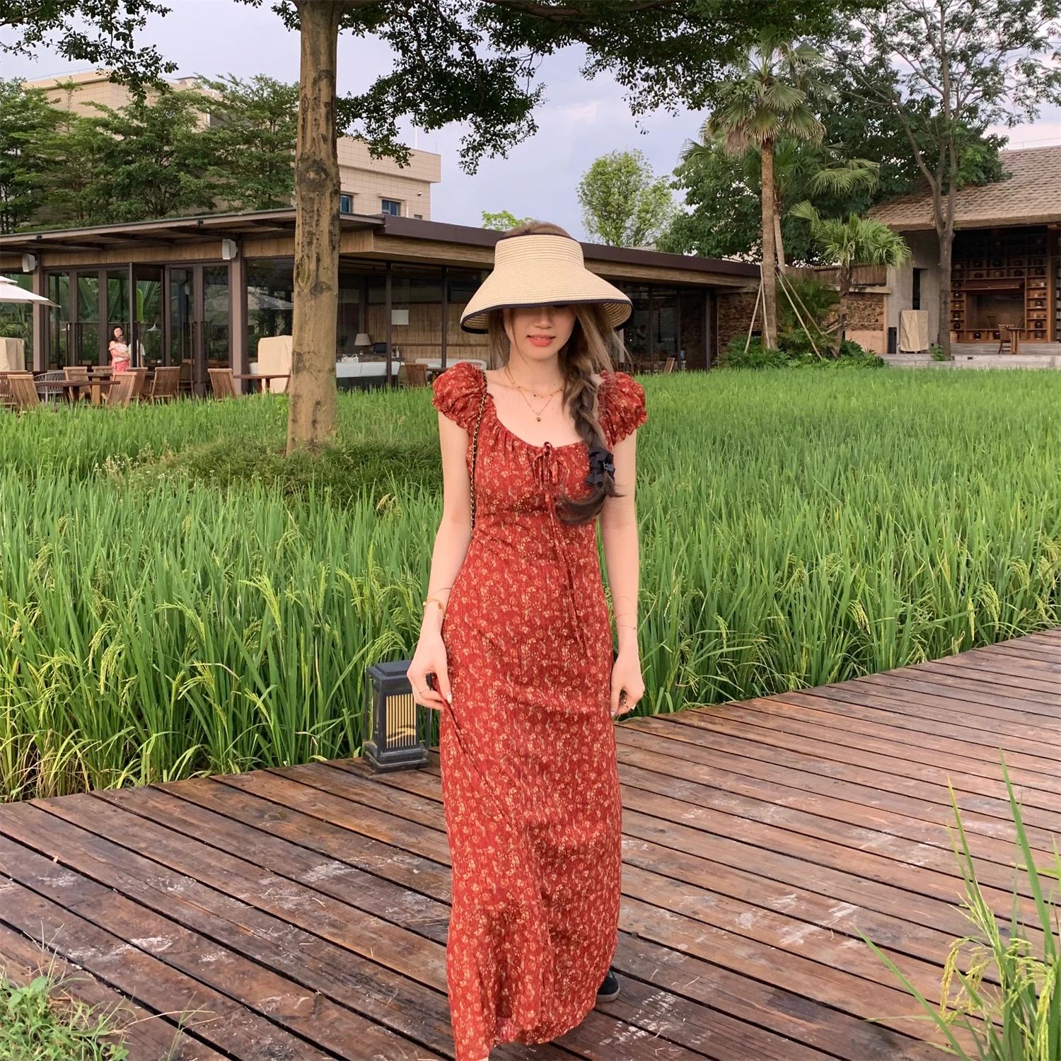 

plus Size Floral Print A-Line Dr Women's Summer New Sle Waist-Cinching Meat-Covering Anti-aging Red Color Long Dr